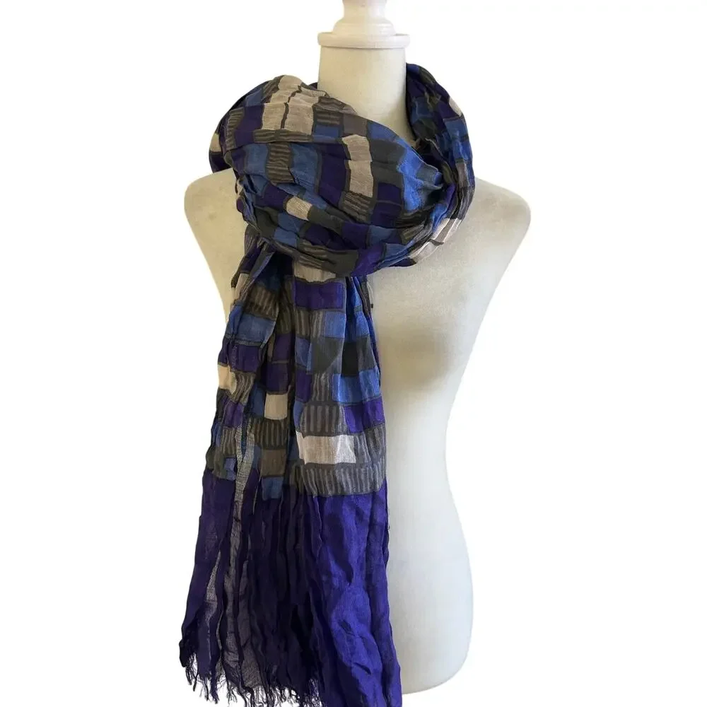Banana Republic Silk Wool Scarf Purple Blue Geometric Crinkle Fringe Wrap Shawl